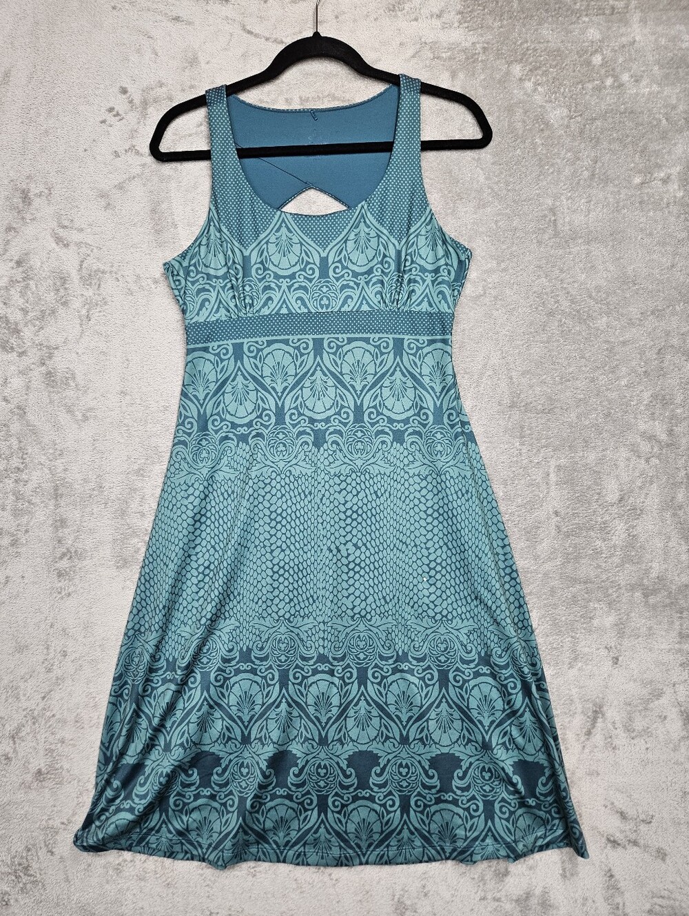 prAna Teal Patterned Sleeveless Keyhole Back A-Line Dress Size L Built-in Bra